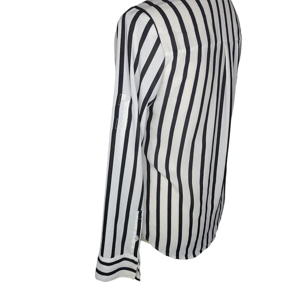 Express White and Black Striped Roll Tab Sleeve Button Front Blouse - Picture 5 of 7